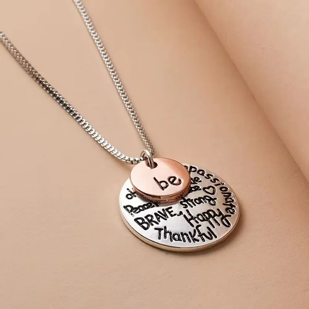 2-Tone Silver Inspiration Quote Pendant Necklace Etched Charm Brave Strong Happy